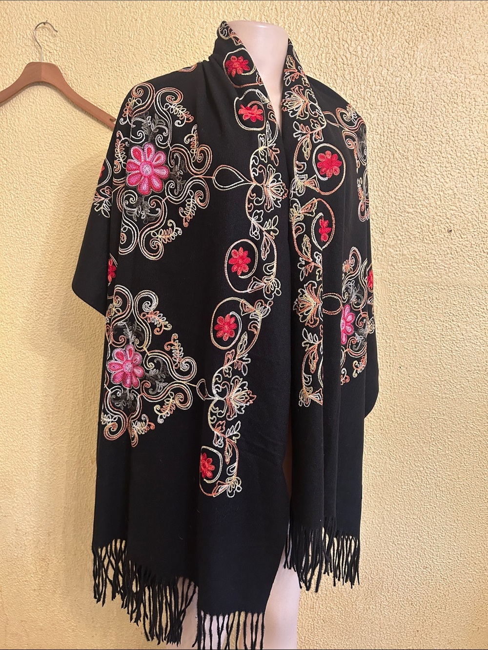 Black Floral Embroidered Fringe Shawl Cardigan